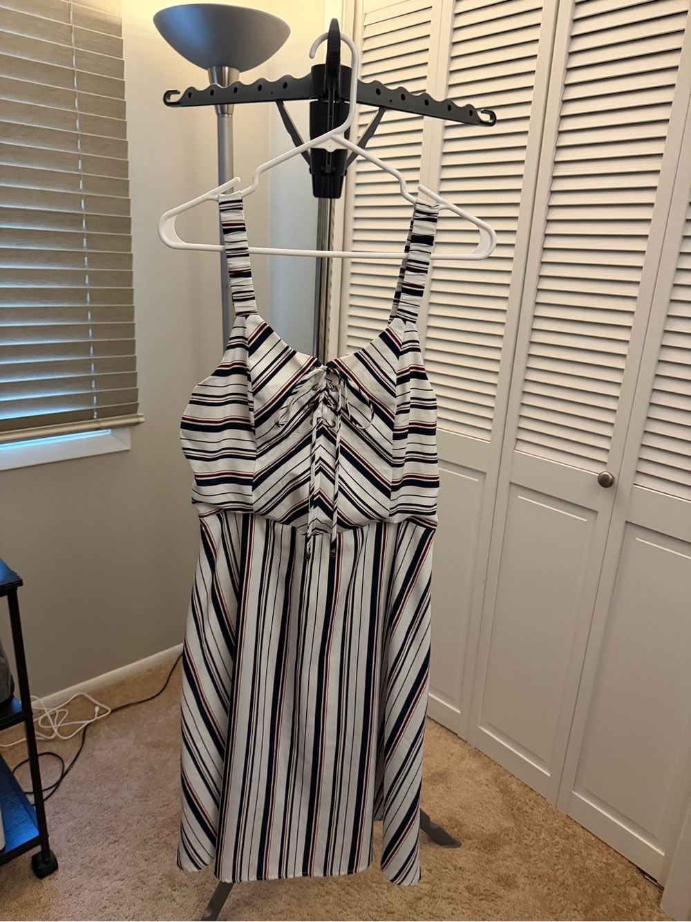 Miss Me Striped Tie-Front White Sundress with Navy Blue & Maroon stripes